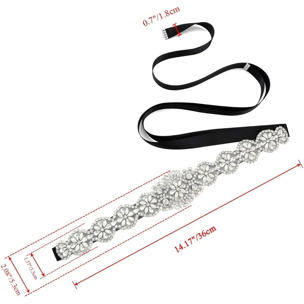 Elegant Rhinestone and Pearl on Black Sash Belt